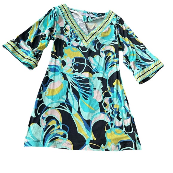 Trina Turk mod print patterned blue green and black silk sheath dress size 4 - Picture 1 of 5